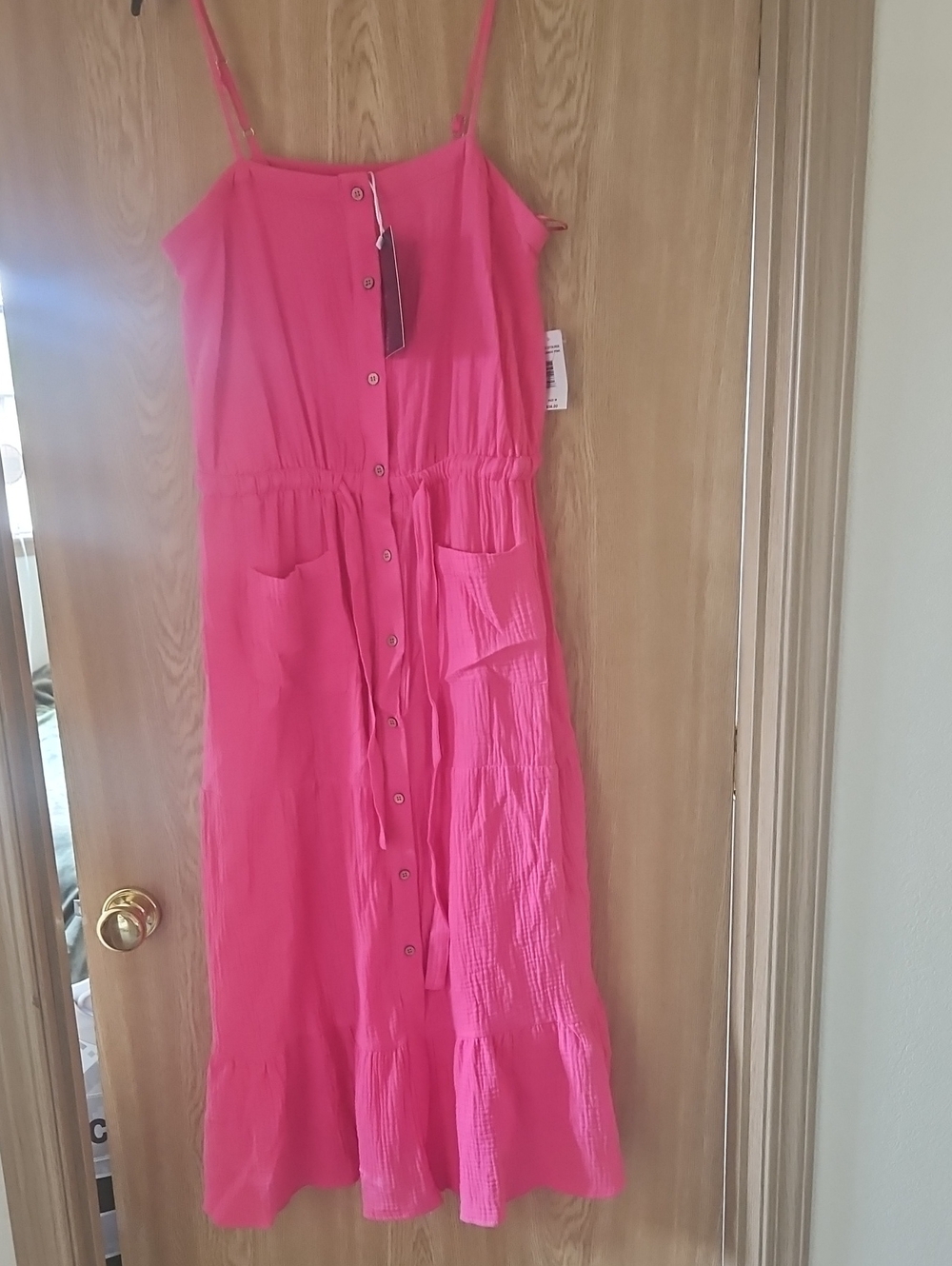 Bright Pink Button-Front Maxi Dress with Spaghetti Straps